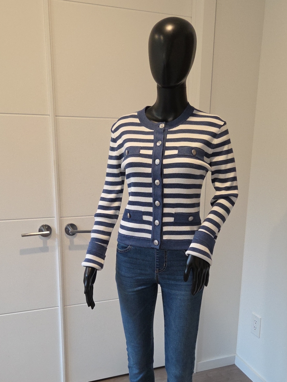 Karl Lagerfeld Navy and White Striped Button-Front Cardigan